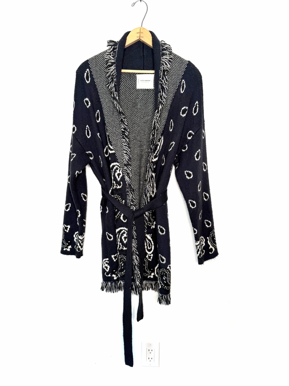 Lucky Brand Bandana Cardigan Bohemian Fringe Self Tie Belt Soft Size Large - Picture 3 of 6